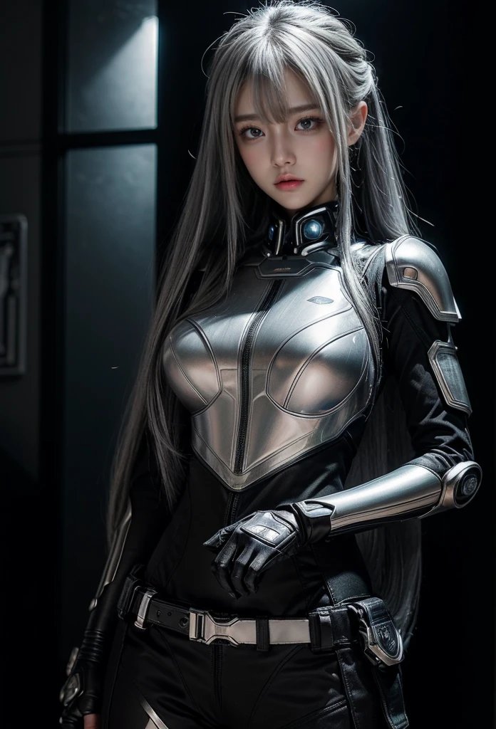 cyber angel,machine wing,{{Sci-Fi Armor}},cyber suit,cyberpunk,science fiction,cyber battle armor,Battledress,Military Uniforms,pants,black military uniform,whole body,Height: 168cm,almond shape eyes,{{{{{silver eyes}}}}},{{{{{dull bangs}}}}},(slanted eyes},{{whole body},{{{1 girl}}}, long hair, straight hair,{{{{silver hair}}}},{{{tsurime}}},30 years old,{Medium chest},{{bush}},silver eyes,{{{masterpiece}}}, {{{highest quality}}}, {{Super detailed}}, {shape}, {{very delicate and beautiful}},very detailed,detailed perfect,detailed hyper,Abundant thighs,big ass,black clothes