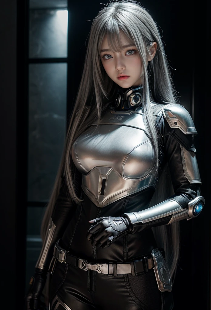cyber angel,machine wing,{{Sci-Fi Armor}},cyber suit,cyberpunk,science fiction,cyber battle armor,Battledress,Military Uniforms,pants,black military uniform,whole body,Height: 168cm,almond shape eyes,{{{{{silver eyes}}}}},{{{{{dull bangs}}}}},(slanted eyes},{{whole body},{{{1 girl}}}, long hair, straight hair,{{{{silver hair}}}},{{{tsurime}}},30 years old,{Medium chest},{{bush}},silver eyes,{{{masterpiece}}}, {{{highest quality}}}, {{Super detailed}}, {shape}, {{very delicate and beautiful}},very detailed,detailed perfect,detailed hyper,Abundant thighs,big ass,black clothes