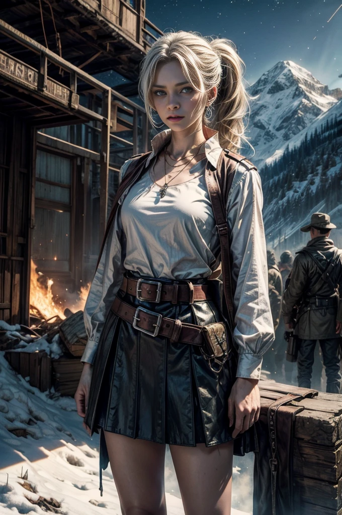 (masterpiece, best quality:1.2), cowboy shot, weissvale, expressionless, closed mouth, looking at viewer, long white hair, side ponytail, scar on eye, t-shirt, skirt, belts, jewelry, necklace, earrings, standing with crowd in city ruins on hill, overlooking valley, (crowd in military uniforms) BREAK night, stars, moon, snow, BREAK mountains in background, waterfall, vehicle wreck, , (crowd in military uniform), bonfires, post-apocalypse, dystopian future,