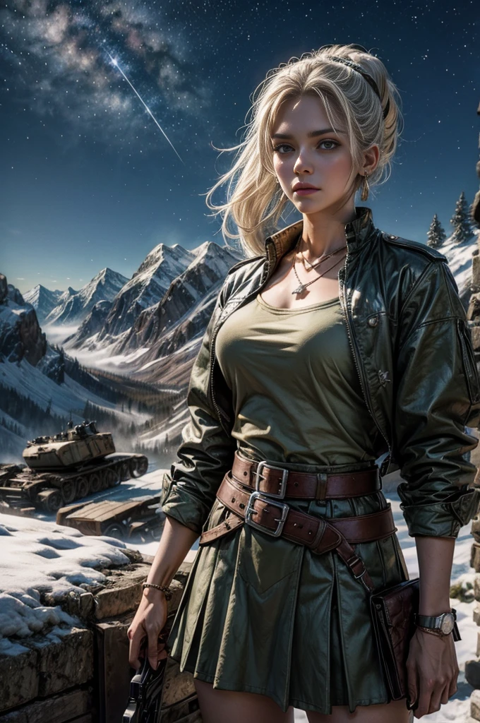 (masterpiece, best quality:1.2), cowboy shot, weissvale, expressionless, closed mouth, looking at viewer, long white hair, side ponytail, scar on eye, t-shirt, skirt, belts,  jewelry, necklace, earrings, standing with crowd in city ruins on hill, overlooking valley, (crowd in military uniforms) BREAK night, stars, moon, snow, BREAK mountains in background, waterfall, vehicle wreck, , (crowd in military uniform), bonfires, post-apocalypse, dystopian future, 