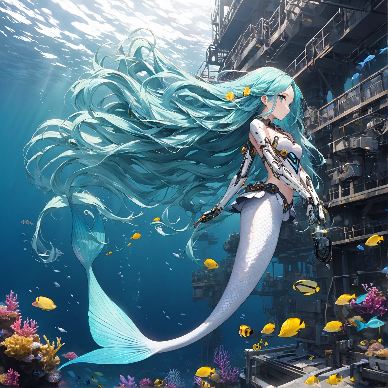 Offshore resource mining platform，1gial(Aqua Hair、Very Long Hair(Wave-like hair），prosthetic limb)cyborg、Mermaid