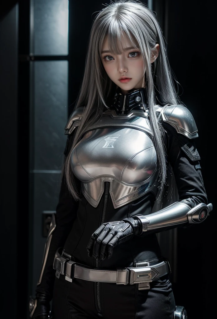 cyber angel,machine wing,{{Sci-Fi Armor}},cyber suit,cyberpunk,science fiction,cyber battle armor,Battledress,Military Uniforms,pants,black military uniform,whole body,Height: 168cm,almond shape eyes,{{{{{silver eyes}}}}},{{{{{dull bangs}}}}},(slanted eyes},{{whole body},{{{1 girl}}}, long hair, straight hair,{{{{silver hair}}}},{{{tsurime}}},30 years old,{Medium chest},{{bush}},silver eyes,{{{masterpiece}}}, {{{highest quality}}}, {{Super detailed}}, {shape}, {{very delicate and beautiful}},very detailed,detailed perfect,detailed hyper,Abundant thighs,big ass,black clothes