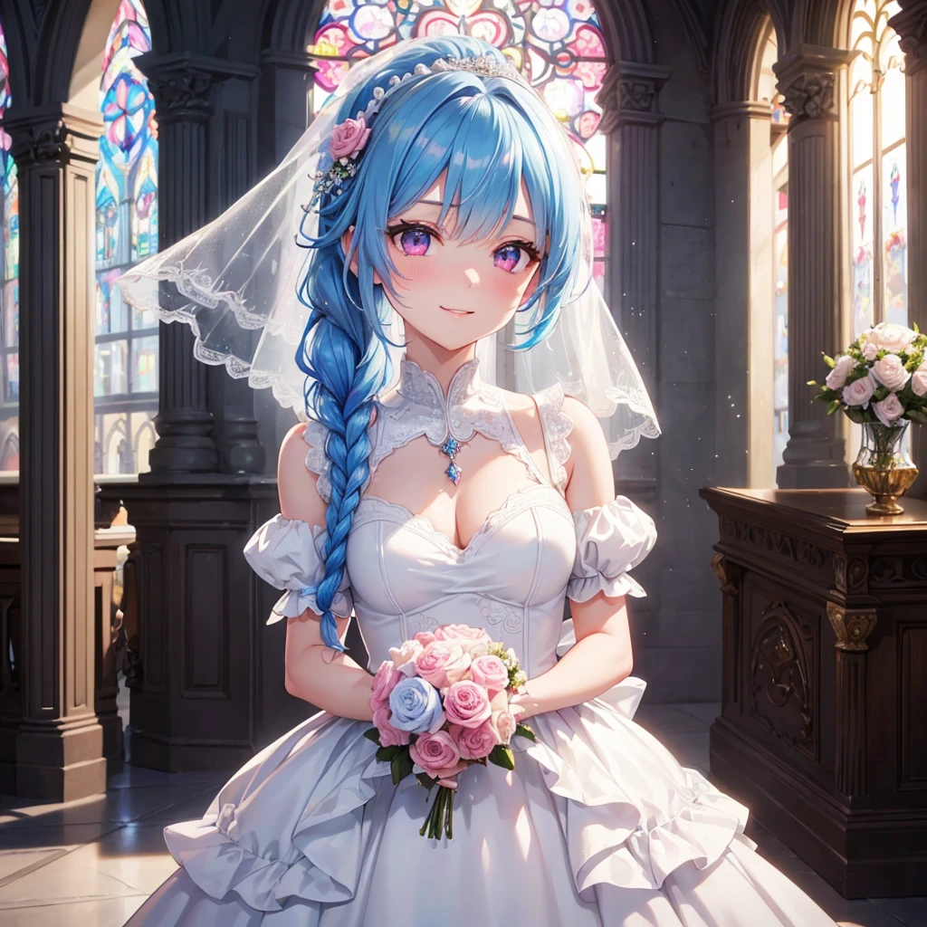 Sky blue hair, (Braided Ponytail),(Pink Eyes),Fair skin ,(whole body),(One Girl),bride,Big smile,Straight bangs, 6月のbride,Wedding dress,(masterpiece, Highest quality, Very detailed, Best Shadow), (Detailed Background), (Beautifully detailed face), High Contrast, (Best lighting, Very delicate and beautiful), ((Cinematic Light)), colorful, Hyper Detail 8k, Dramatic Light, Intricate details,Pure white sparkling background,A bouquet of roses in the right hand,Ring on left ring finger,church、Stained glass、Sacred Light、