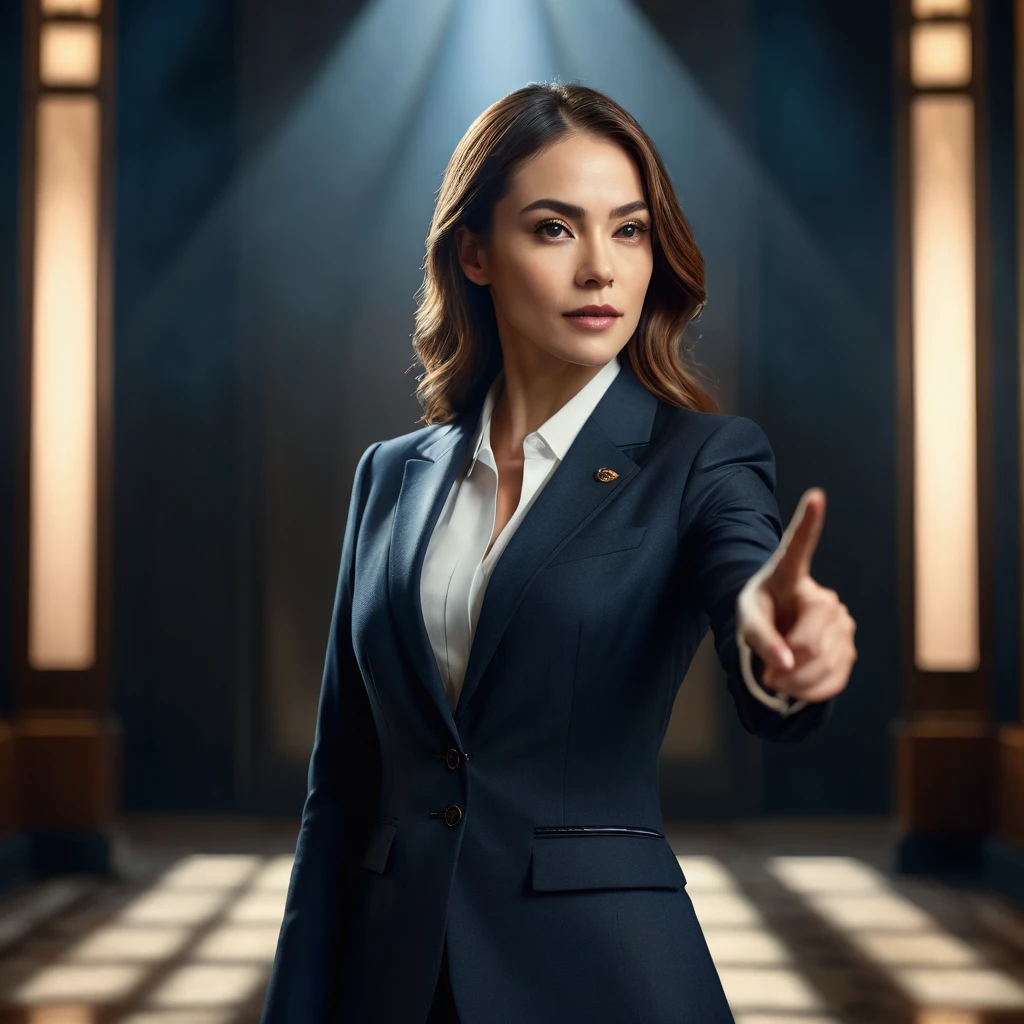 a beautiful woman in a suit pointing left, elegant pose, cinematic lighting, atmospheric environment, highly detailed, photorealistic, 8k, award winning, intricate details, perfect symmetry, striking colors, dramatic shadows, cinematic composition, elegant and sophisticated, masterpiece