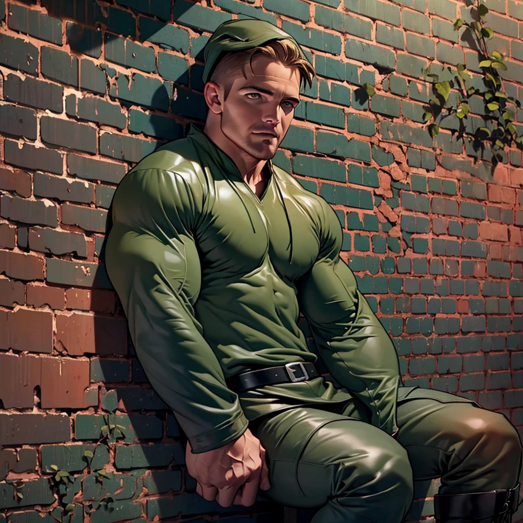 32k, high quality , detailed face , detailed hands , detailed muscles , (((stephen amell))) standing and  posing  as a military man ,wearing dark green military suit with belt and black military boots ,dark blond hair , short military hunk hair , facial groomed hair ,standing with spread legs, showing his muscles and nice bulge , ((background brick wall  ))