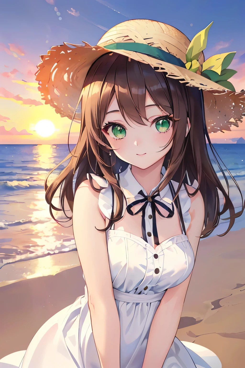 ((masterpiece, Highest quality, High resolution, 超High resolution, Pixel perfect, Written boundary depth, 4K, RTTX 10.0, High resolution))), 1 girl, single, alone, Beautiful Anime Girls, Beautiful art style, Anime characters, ((Shortcuts, bangs, Dark brown hair, Simple hairpin)), ((Green Eyes:1.4, Round eyes, Beautiful eyelashes, current eyes)), ((Smooth texture:0.75, Anime CG style)), Medium chest, ((Dynamic Angle, close)), Perfect body, (pretty girl), 1 girl, White Dress, Straw hat, Cute Smile, Sandy Beach, evening, sunset