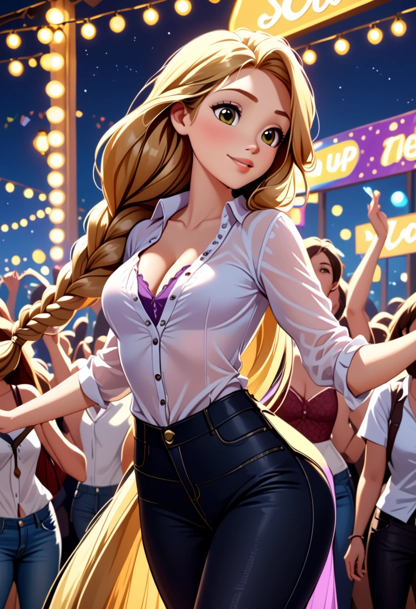 score_9, score_8_up, score_7_up, score_6_up, 1girl, solo, rapunzel (blonde hair, long braid:1.4), wearing (tight pants:1.1) and (cotton blouse, unbuttoned:1.2), cleavage, looking cute, fashionable, cinematic lighting,, dancing, music festival, big crowd.