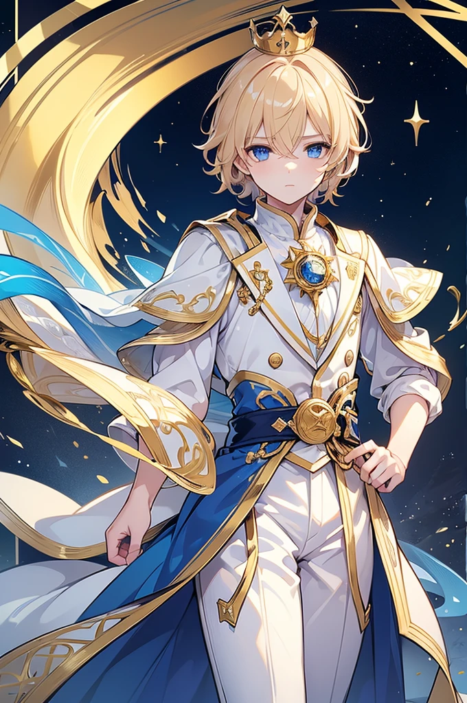 (Highest quality)　(4K)　(8k)　(High resolution)　(masterpiece:1.2)　(Super detailed)　One boy　short hair　Wizard　Blue Eyes　Long sleeve　Golden decoration　Hair between the eyes　White costume　Wavy golden hair　Upper Body　(large crown)　(profile)　Young　Serious