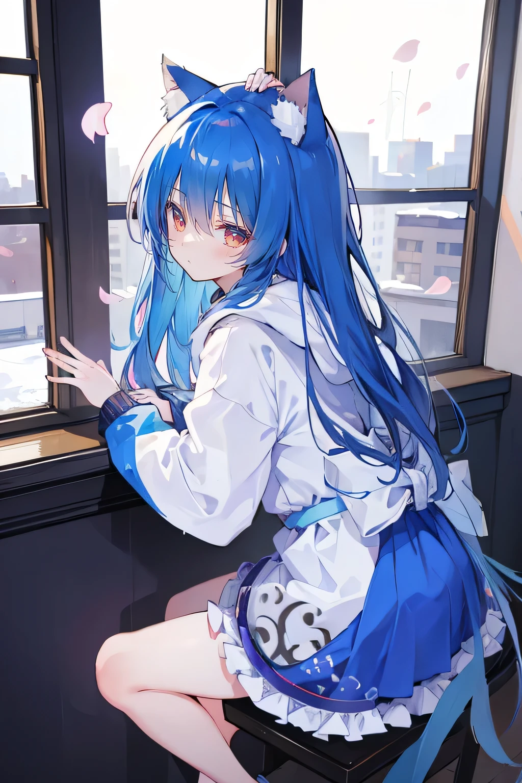 (masterpiece:1.2),Super detailed,lifelike,Expressive eyes,fair skin,perfect face shape,1 girl,
Japanese comics,Gorgeous blue hair,flowing blue hair,flowing clothes,Cat ears,Petals fall,beautiful lola,Baby Angel,
Shaking head with one hand,Cross your legs,smile, wearing hoodie, ,back views,snowing, winter,City Street Scene,winter。sitting on window, looking out the window,Turn your back to the audience,winter。