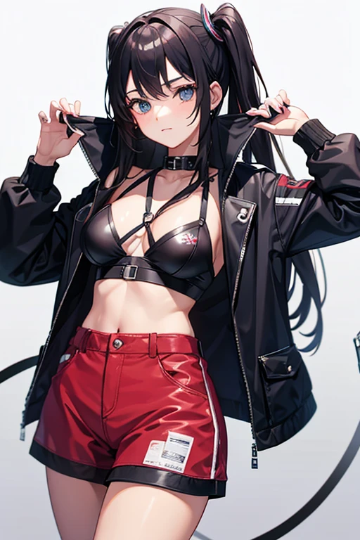 Anime style, best possible quality, woman with a sculptural body, long straight black hair, fair skin, very red lipstick, black leather jacket closed but with cleavage, black leather panties with belt, black leather knee-high boots, black cap on head, whip in hands, in a cheap motel room, handcuffs on the bed, windows open and neon lights from the sign outside.