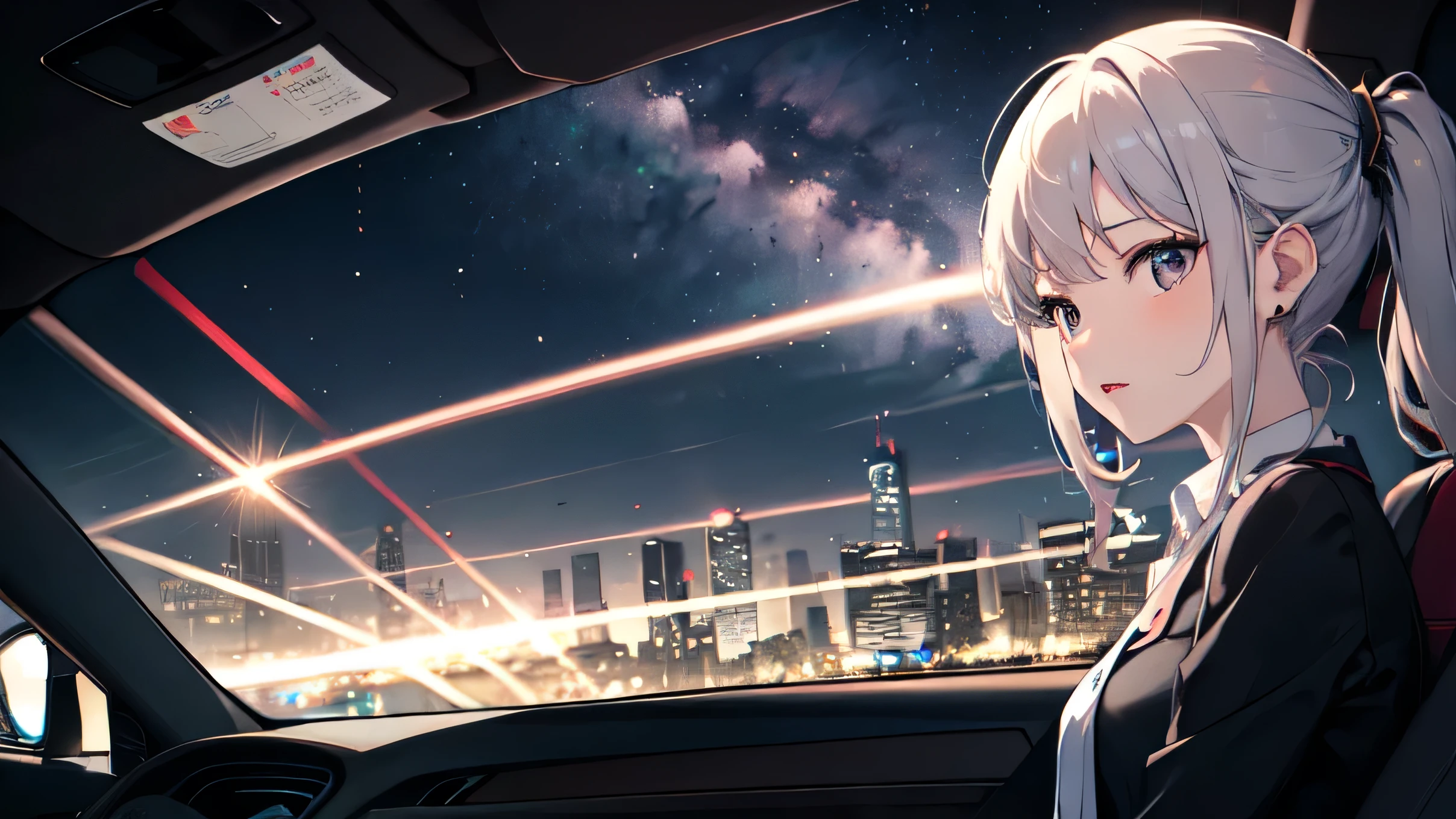 ((Highest quality)), ((masterpiece)), (detailed), girl,high speed,Night view,Car window,Tour,drive,Light,