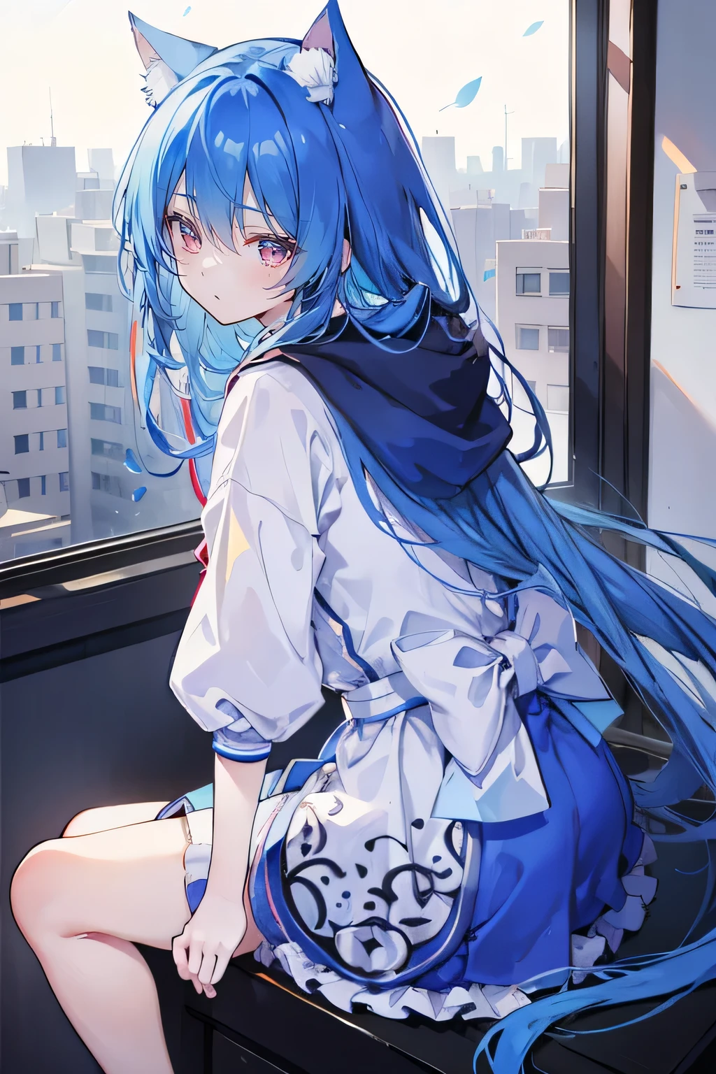 (masterpiece:1.2),Super detailed,lifelike,Expressive eyes,fair skin,perfect face shape,1 girl,
Japanese comics,Gorgeous blue hair,flowing blue hair,flowing clothes,Cat ears,Petals fall,beautiful lola,Baby Angel,
Shaking head with one hand,Cross your legs,smile, wearing hoodie, ,back views,snowing, winter,City Street Scene,winter。sitting on window, looking out the window,Turn your back to the audience,winter。