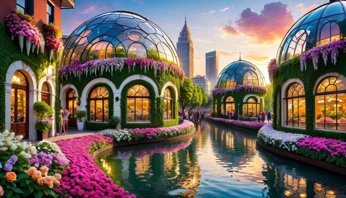 (flower city,flower shaped building,Colorful scenery,sparkling lights,Super detailed,high resolution),floral architecture,futuristic,Botanical paradise,bright colors,brightly lit streets,peaceful atmosphere,flashing city,summer breeze,flower sculpture,Boulevard,charming garden,bustling market,Endless rows of petals,glittering skyscrapers,Harmony between nature and urban fabric,Stunning skyline,architectural marvel,petal shaped windows,Lush green plants,Lively cafes and boutiques,people walking among flowers,Happy outdoor cafe,The scent of blossoms perfumes the air,The interaction of light and shadow,The reflection in the water is dazzling,petals floating on the river,Peaceful park and garden,Impressive plant dome,Meticulous attention to detail,Floral patterns decorating facades,Impressive architectural diversity,aesthetic harmony,magnificent central fountain,An oasis of tranquility in the bustling city,Floral mosaic in city square,Flower-themed festivals and events,Stunning aerial view of the city,More and more vines are climbing up the buildings,Stunning sunset over Flower City.