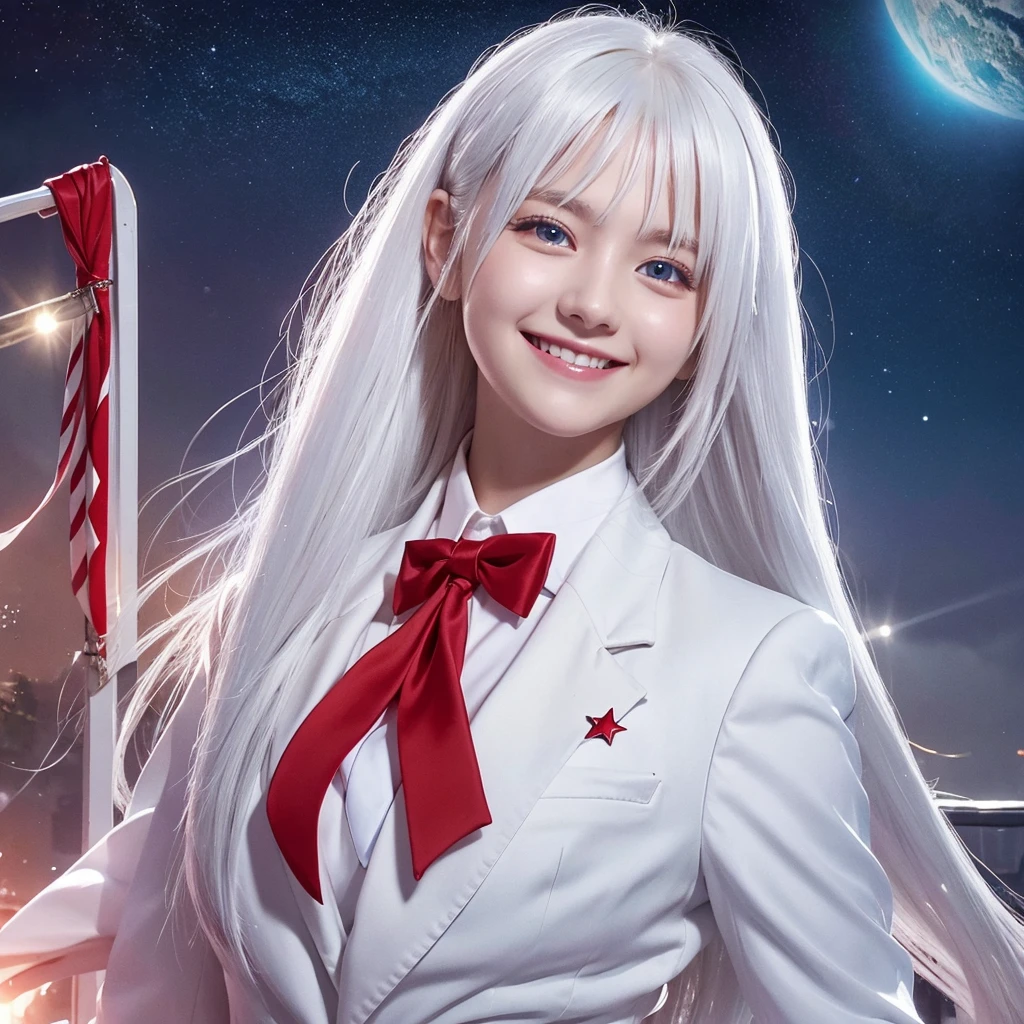white hair, long hair, star eyes, female, high school student, masterpiece, White , Red Tie, smiling face