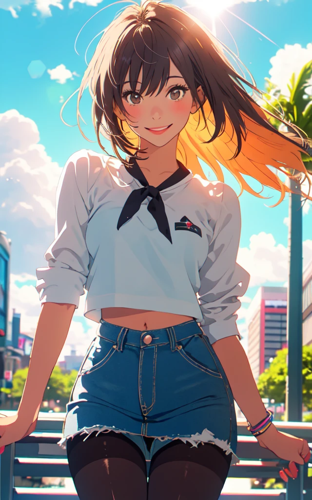 Front facing, facing this way、
A more beautiful smile、
More cute casual summer outfits、Cute mini skirt、
More beautiful thighore beautiful colorful pantyhose、
Beautiful dark clouds, (Cowboy Shot:1.4), Beautiful and realistic, 
Beautiful masterpiece, Beautiful and top quality, Beautiful backlight, (Lens flare:1.1), (bloom:1.1), (chromatic aberration:1.1)

Meet in front of Parco in Ikebukuro