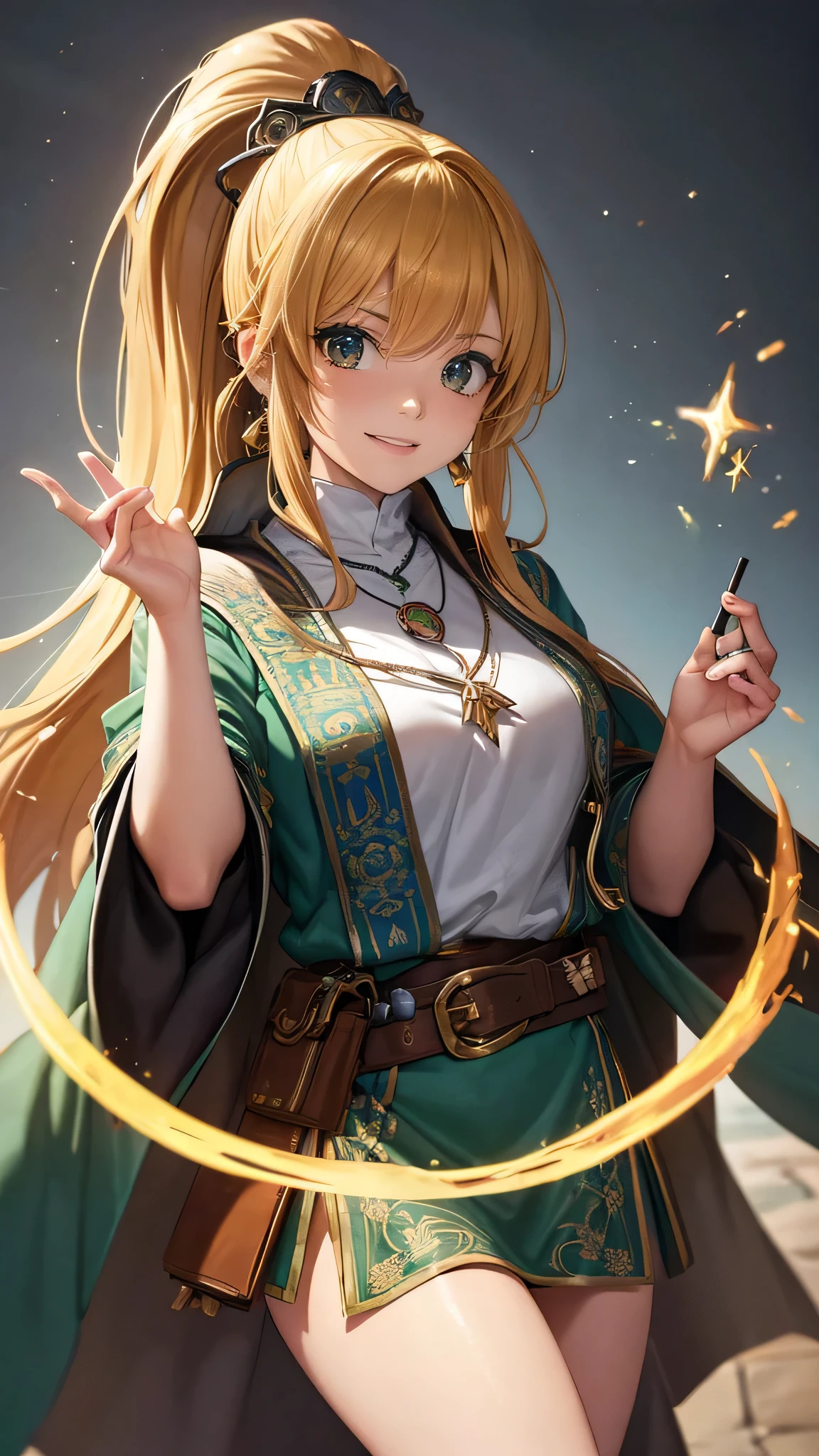 Colorful portrait illustration, (attractive female as a Wizard, ponytail, wear_length_Flowing_green_Complicated_Embroidered_Wizard_Robe), (necklace, Pouch, belt, smile, Very detailed face, masterpiece, Highest quality), Very detailed, (In the dungeons), magician_Grams, (A large, glowing circle of runes), Fire and Ice, Casting a Spell, Ultra-high resolution, Alexandre Karame、Alyssa Monks、Shigeru Ban