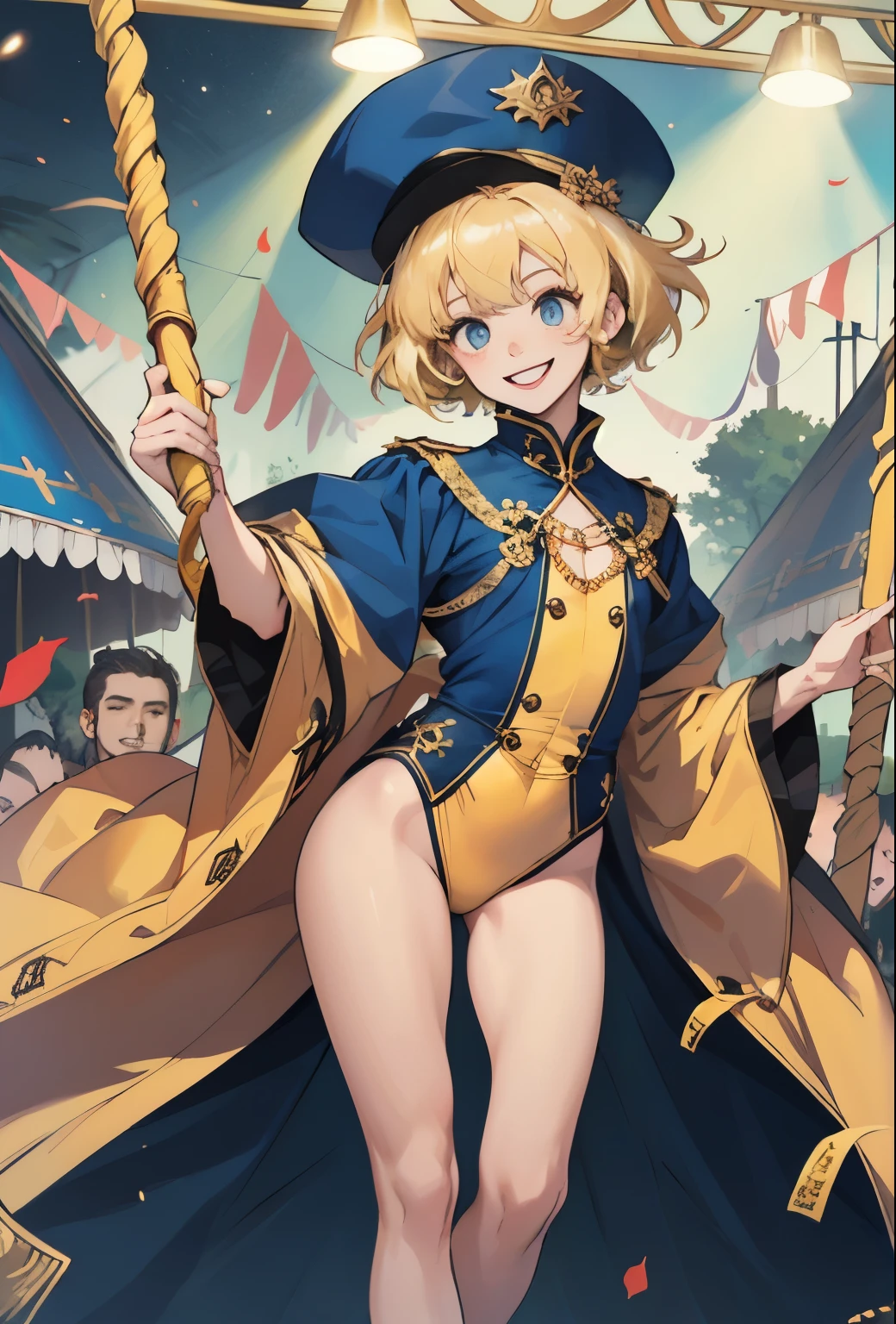 girl, whole body, short hair, Blonde, small, yellow, smile,Circus広場, Lion, Red and navy blue costume,High leg衣装,Circus,Beast Charmer,High leg,