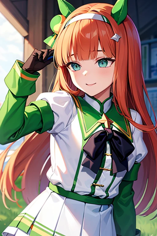 aasuzuka, smile, long hair, animal ears, ear covers, white hairband, horse tail, green sailor collar, black bow, white shirt, layered sleeves, green sleeves, black gloves, white skirt, black pantyhose, 