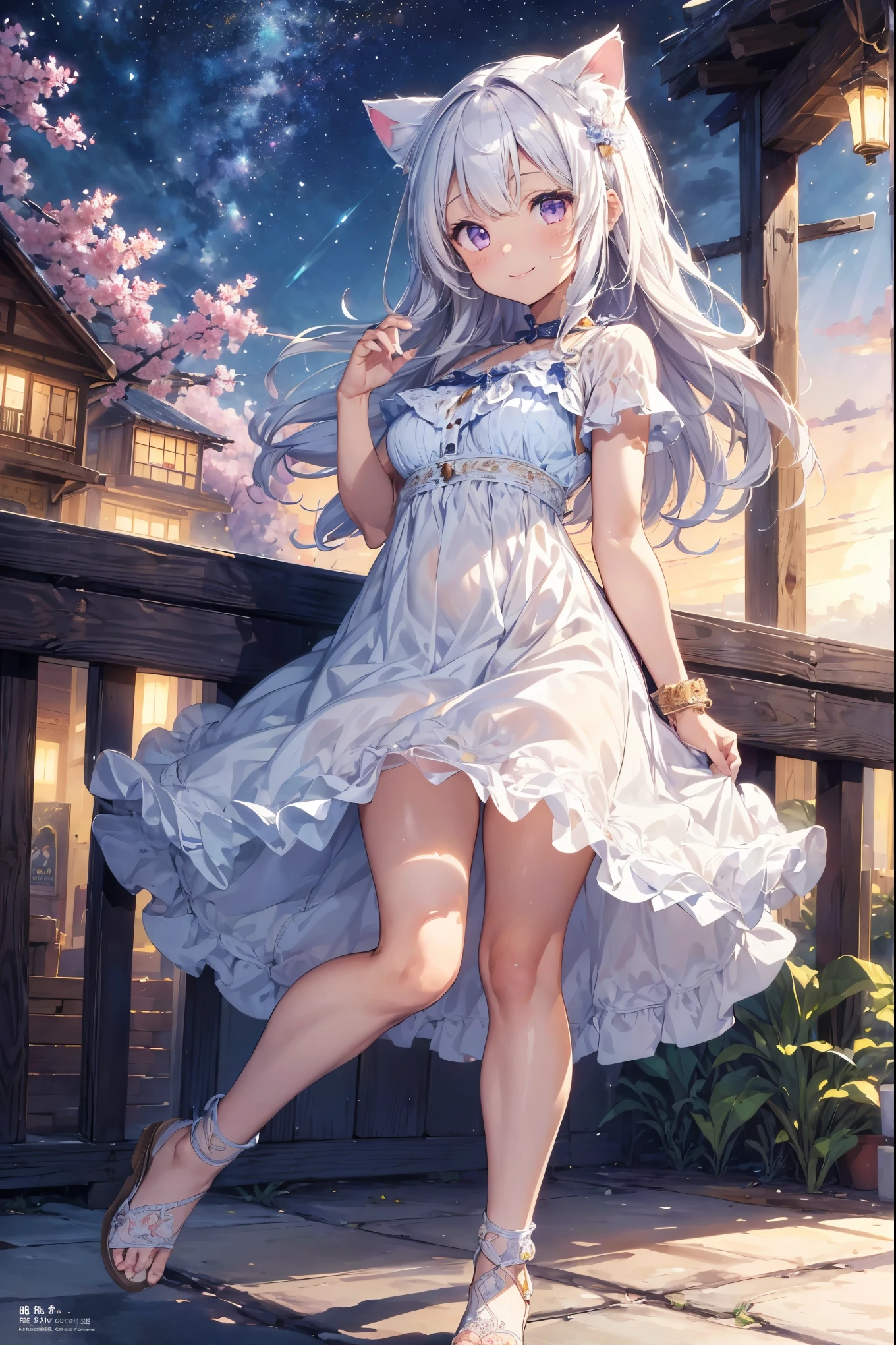 (((masterpiece))), (((Highest quality))), ((Very detailed)), ((Very detailedなイラスト)), ((Ultra-fine painting)), (16K Highest quality wallpaper:1.4), (Detailed and elaborate illustration style,:1.8) Detailed skin texture, High quality fabric, , (T-masterpiece), (Very detailedな顔:1.4), original, RAW Photos, Professional, Intricate details, Very detailed, Direct sunlight:1.6, ,(Cowboy Shot:1.9)、(Perfect Anatomy:1.4), (Extremely elaborate hands:1.2), (Very elaborate fingers:1.2), (Very elaborate fingers先:1.2),, (alone:1.6), (beautiful and adorable cat ears:1.6), (Intricate and delicate white cat ears:1.5), (beautiful, Shiny white hair:1.6), (Very fine and delicate white hair:1.4),, (Very detailedな顔:1.4),(Light purple eyes:1.6),(smile:1.4),(wariza:1.9),Detailed Background、Highest quality、Beach、3 beauties in their 20s、Cute hairstyle、Big Breasts、smile、Feminine and cool one-piece style、Opt for flared skirts and maxi dresses、Choose cool materials、Add some color to your feet with sandals or espadrilles、Add a resort feel with a straw hat and tote bag.、Bright colors and patterns、By incorporating ruffles and lace details、Creates feminine charm