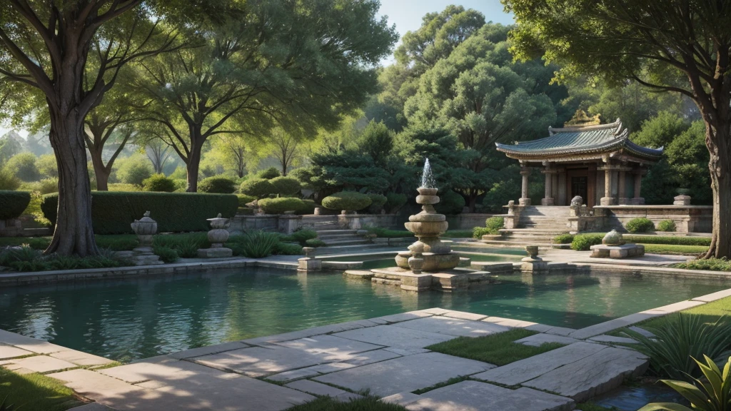 An ancient and serene temple, surrounded by tranquil gardens and gentle water fountains. The environment must convey peace and spirituality, with soft lighting and natural tones of stone and green.