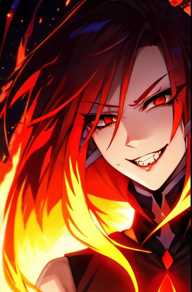 1 girl, flying hair, Red eyes, fire witch, blood on the face, Light particles, lightning rays, wallpaper, colorful, high contrast, a vampire, Smirk, evil smile, psychopathic Smirk, psychopathic smile, tilted head
