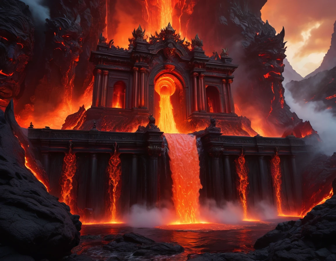 (Highest quality,4K,High resolution,masterpiece:1.2),Very detailed,Realistic:1.37,Moderate:(figure,oil,3D Rendering,photograph), (Underworld palace with lava waterfall in the background), Demon King on the throne, fiery red aura, Menacing look, I'm wearing a cape、Large horn protruding from forehead, eyeball on forehead、An intricately designed golden throne, Intricate carvings on the walls, An eerie glow from the lava, Rising Smoke, Flickering flames, Terrifying Shadows, an intimidating atmosphere, Magnificent and majestic architecture, Lavish decoration, Ominous atmosphere, A dark color palette with fiery red accents, Dramatic lighting, Extreme heat, Swirling lava, A flow of lava cascading down a waterfall, Smoke surrounds.