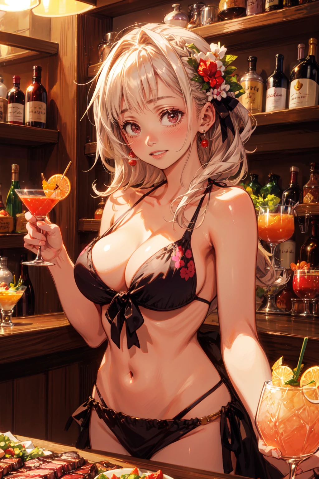 1girl,cute,smiling,happy,bikini,cleavage,eating steak and a salad,having a cocktail glass,in bar