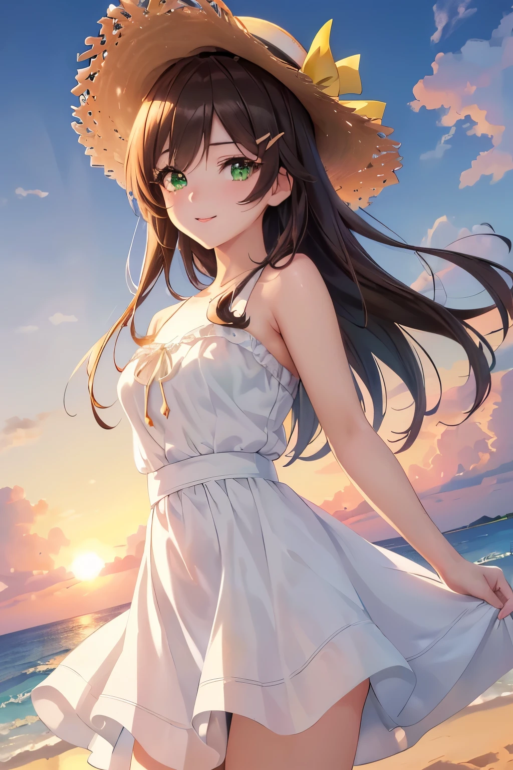 ((masterpiece, Highest quality, High resolution, 超High resolution, Pixel perfect, Written boundary depth, 4K, RTTX 10.0, High resolution))), 1 girl, single, alone, Beautiful Anime Girls, Beautiful art style, Anime characters, ((Shortcuts, bangs, Dark brown hair, Simple hairpin)), ((Green Eyes:1.4, Round eyes, Beautiful eyelashes, current eyes)), ((Smooth texture:0.75, Anime CG style)), Medium chest, ((Dynamic Angle, close)), Perfect body, (pretty girl), 1 girl, White Dress, Straw hat, Cute Smile, Sandy Beach, evening, sunset