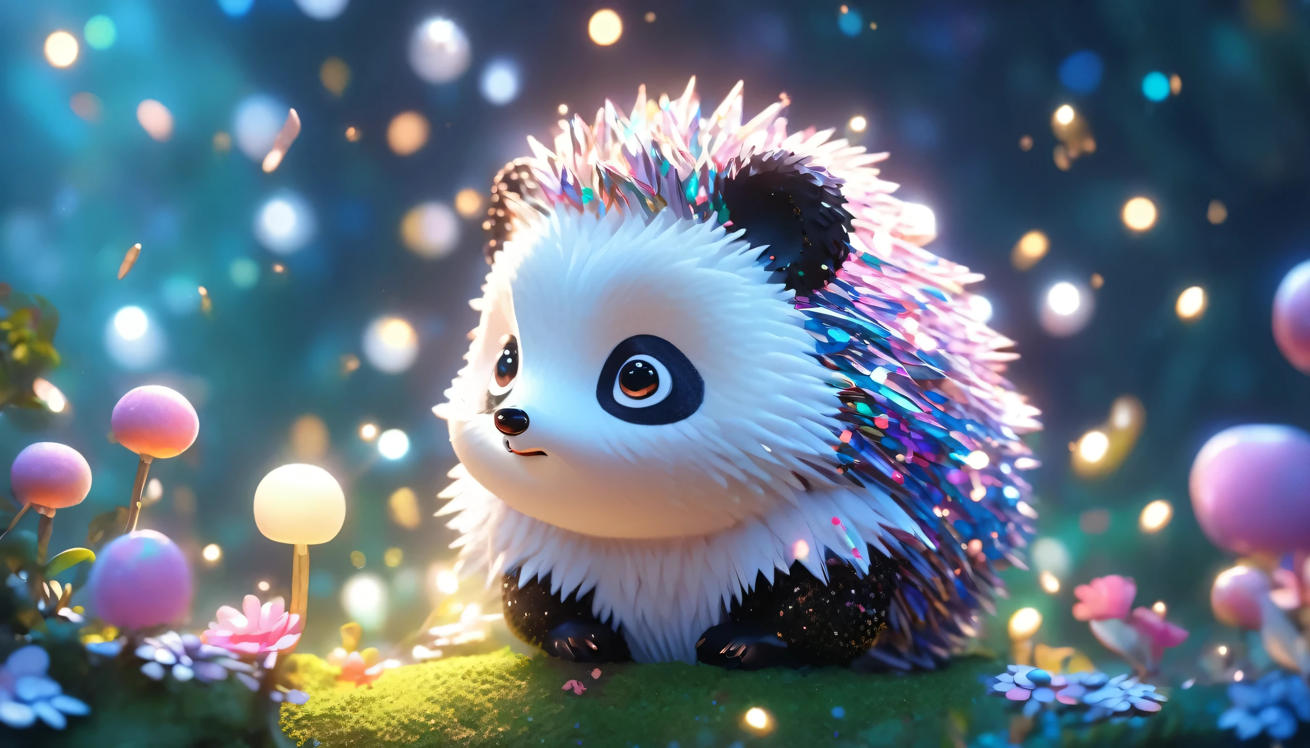 side view, Fairytale, dreamlike, Cinematic character render, oil painting, 3D, 8k resolution, sequins, glitter, candy forest, moonlight, midium short Portrait adorable chibi kawaii anthropomorphic hedgehog--panda nodded off, Detailed eyes, large round expressive eyes,
