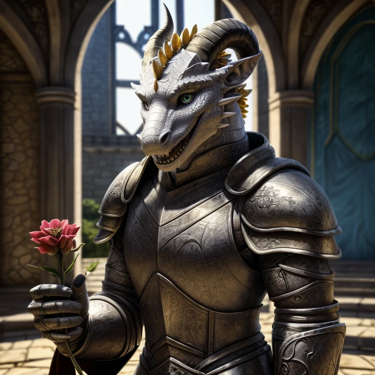 Masterpiece, best quality, high quality, femboy sorcerer dragon, solo, white scales, confident open smile,  black curved horn on his head, wears an iron armor, holding a flower, (Realistic), (Sharp), (best quality), ultra-detailed, extremely intricate, cinematic light, bloom, standing, in the castle, sunny day