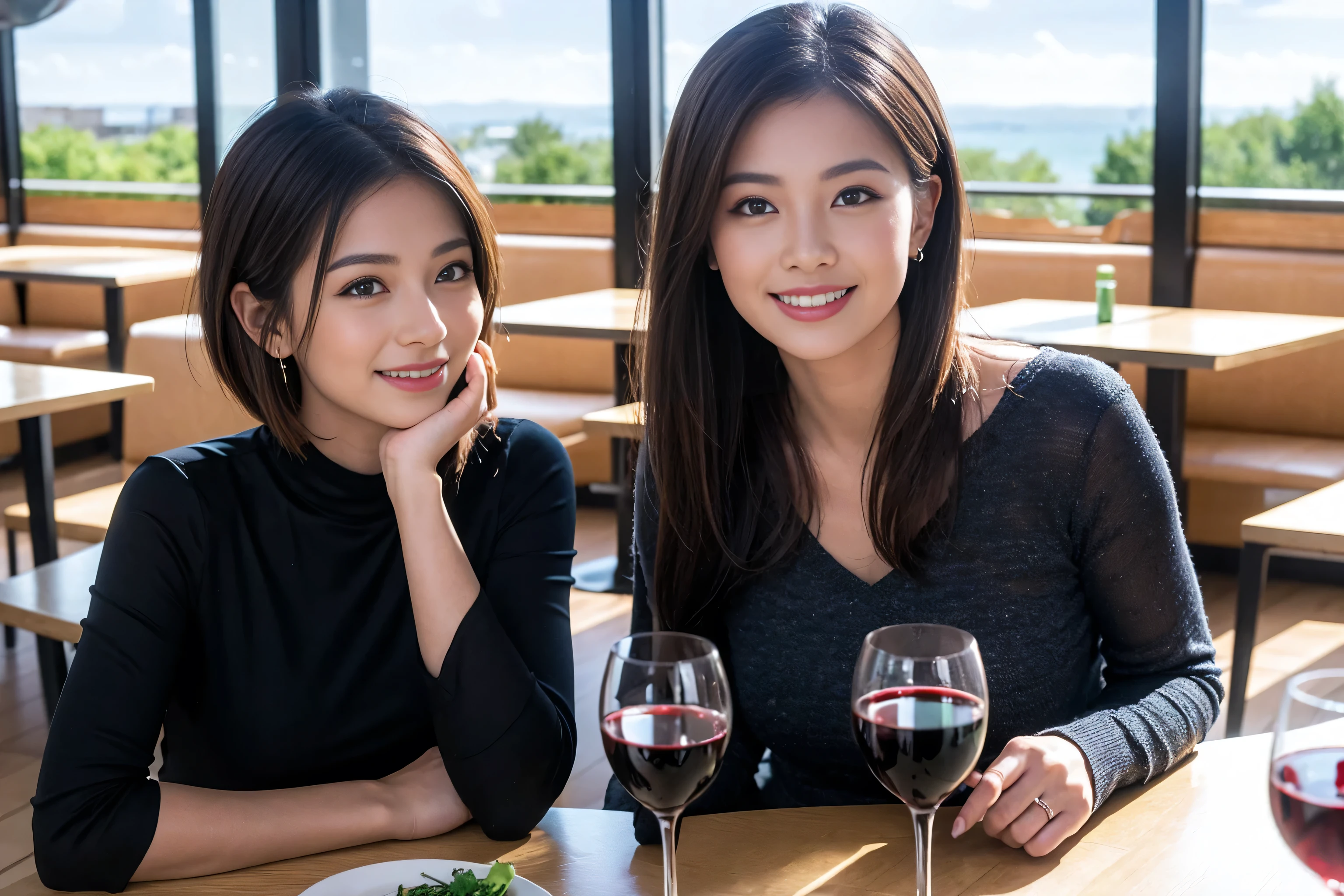 ((Highest quality、8k、masterpiece:1.3))、cute、Slim couple、Model Couple、Actress、(Realistic, Intricate details:1.2), full-course dinner、Wine 、Amazing view of the sunset sky and clouds、A bright smile、short hair,Bright Face、 (45 years old), 48 years old, 赤Wine 、Appetizers、Italian food、Wine bottle、Champagne、スパークリングWine、Two beauties、Brown Hair、Shortcuts、Long sleeve shirt、dress、Beautiful woman 1, (Slim face), (The body is slim), (Brown Hair), (Shortcuts), cheeks turn a little red,Attractive beauty、restaurant, In a prominent place (From the waist up) Nova Frog Style, actress, model, Upper Body, 白Wine, slim, Wineグラス, 中央に置かれたWineグラス, smile, (smile: 1.15), Beautiful fine grain, Depth f/2,saturation, High Contrast, Strong light and shadow,Moist Body:1.5、3D texture、Delicate eyes、Brown Hair、The hair is very shiny、