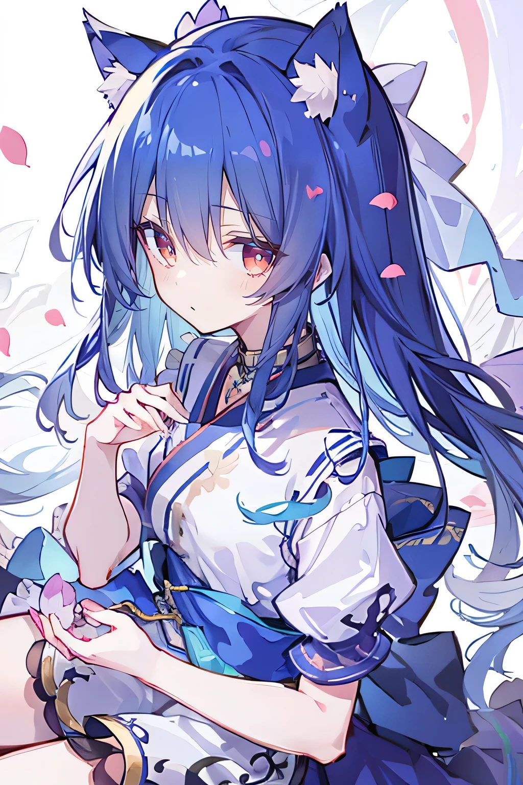 （masterpiece：1.2），Super detailed，lifelike，Expressive eyes，fair skin，perfect face shape，1 girl，
Japanese comics,Gorgeous blue hair,flowing blue hair,flowing clothes,Cat ears,Petals fall,beautiful lola,Baby Angel,
Shaking head with one hand，Cross your legs，，The pavilion is cool and comfortable,smile,back views,sunrise,Petals fall