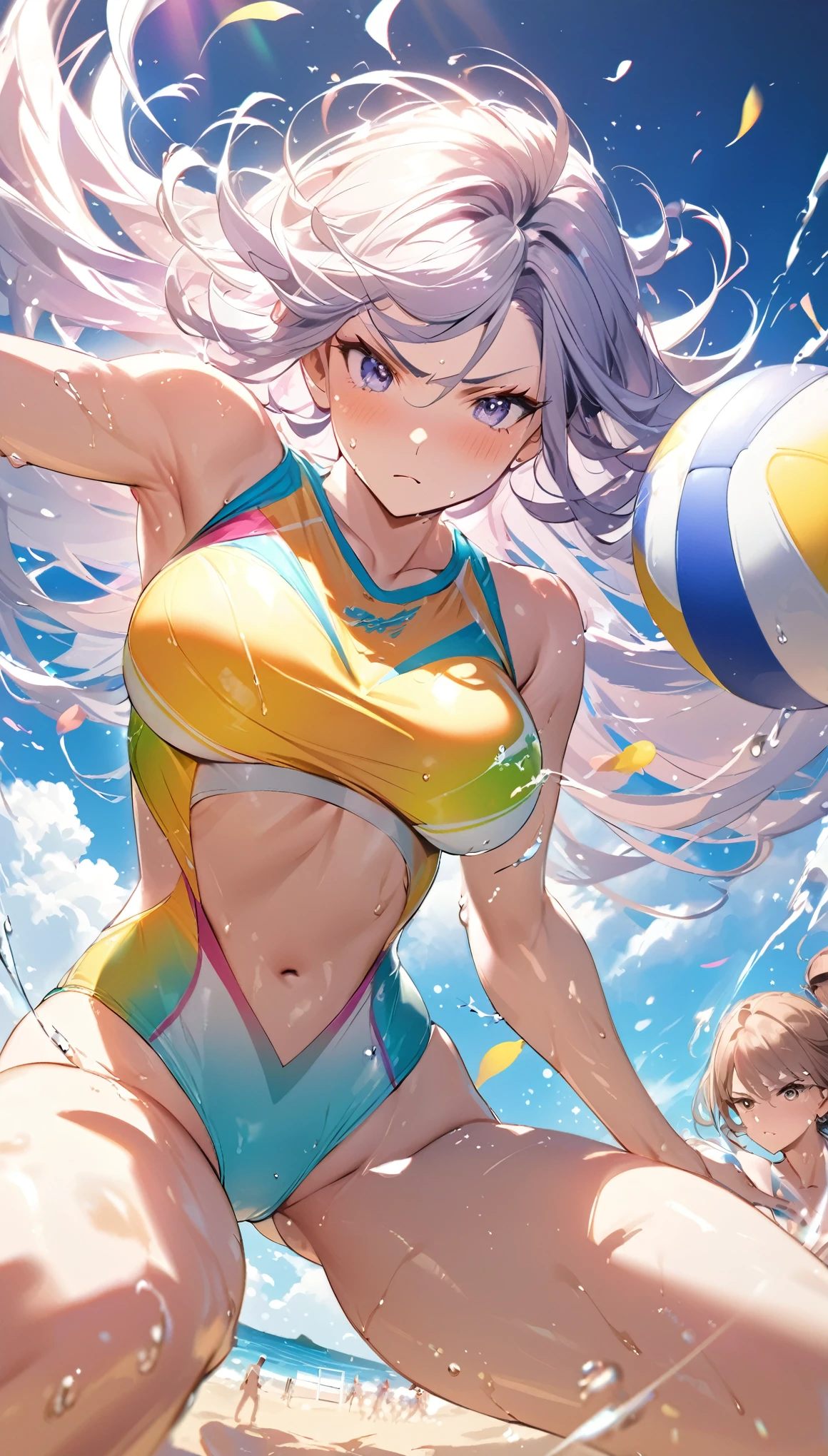(Sports magazine cover photo), Highest quality, Great quality, 16K, Unbelievably absurd, Very detailed, delicate and dynamic, Natural light, The particles reflect light, Diffuse reflection of light, Many rainbow-colored petals fall, Beautiful sandy beach, Sparkling Sun, Diffuse reflection of light, Create amazing image effects, , Wet, sweating, Beach Volleyball, receive, Close-up(Cute sexy girl, big bouncing busts, Sensual expression, Cool girl, Serious, passion, Dynamic, Flashy swimsuit, ,audience , much-air-laden cheer)