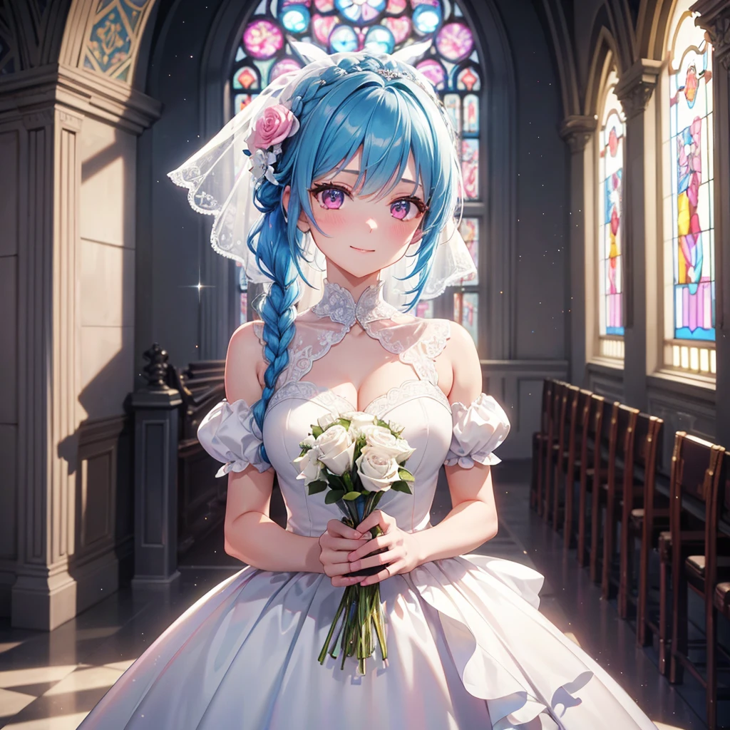 Sky blue hair, (Braided Ponytail),(Pink Eyes),Fair skin ,(whole body),(One Girl),bride,Big smile,Straight bangs, 6月のbride,Wedding dress,(masterpiece, Highest quality, Very detailed, Best Shadow), (Detailed Background), (Beautifully detailed face), High Contrast, (Best lighting, Very delicate and beautiful), ((Cinematic Light)), colorful, Hyper Detail 8k, Dramatic Light, Intricate details,Pure white sparkling background,A bouquet of roses in the right hand,Ring on left ring finger,church、Stained glass、Sacred Light、