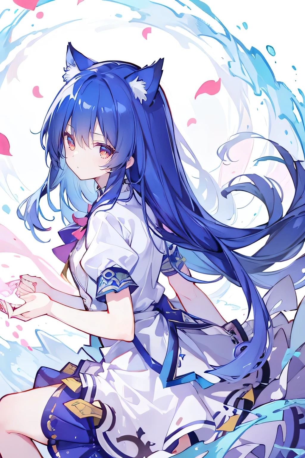 （masterpiece：1.2），Super detailed，lifelike，Expressive eyes，fair skin，perfect face shape，1 girl，
Japanese comics,Gorgeous blue hair,flowing blue hair,flowing clothes,Cat ears,Petals fall,beautiful lola,Baby Angel,
Shaking head with one hand，Cross your legs，，The pavilion is cool and comfortable,smile,back views,sunrise,Petals fall