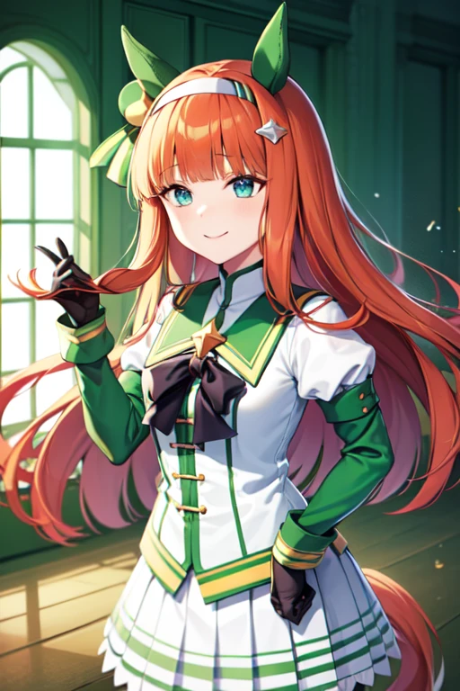 aasuzuka, smile, long hair, animal ears, ear covers, white hairband, horse tail, green sailor collar, black bow, white shirt, layered sleeves, green sleeves, black gloves, white skirt, black pantyhose,