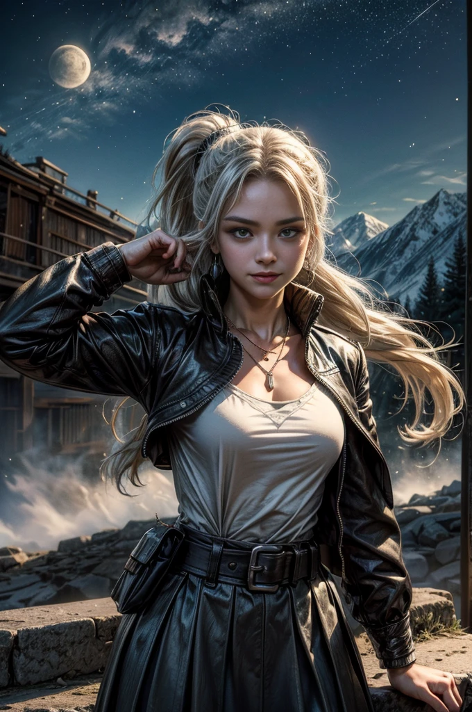(masterpiece, best quality:1.2), cowboy shot, dynamic pose, weissvale, smile closed mouth, looking at viewer, long white hair, side ponytail, scar on eye, t-shirt, skirt, belts, jewelry, necklace, earrings, standing with crowd in city ruins on hill, overlooking valley, (crowd in military uniforms) BREAK night, stars, moon, snow, BREAK mountains in background, waterfall, vehicle wreck, , (crowd in military uniform), bonfires, post-apocalypse, dystopian future,