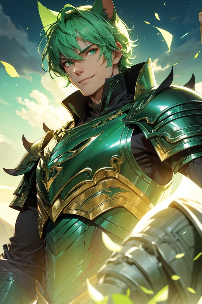 Tall man, cat ears, armor, Manor background, Buff, wide smile, light mint hair, green eyes, armor, Green hair man, shaved head