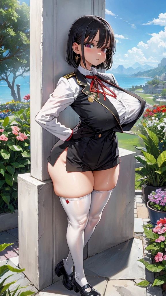 Face Focus , ((Highest quality)), ((Tabletop)), Perfect Face, （((White knee-highs))) ,   Official Art,Black knee-high socks,Beautiful Face,Standing posture,White tights,((((Thick thighs)))),short hair,Black Hair,Plump,((((uniform)))),((((Black gloves)))),Earrings,(Huge breasts),Standing posture,valley,Shorts,blue sky,Outdoor,garden,Red Eyes,Estrus,Sweat,See-through