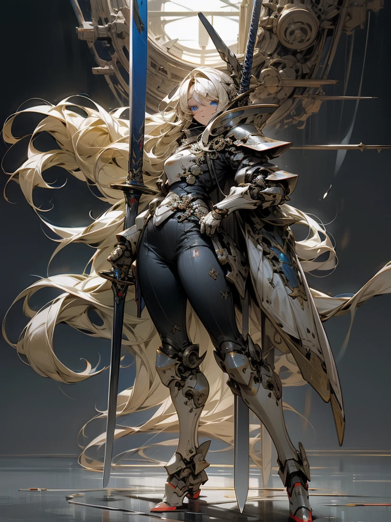 Full-body portrait、A robot with very thick armor、Blonde、Long Hair、Blue Eyes、High resolution, solo, Holding a sword