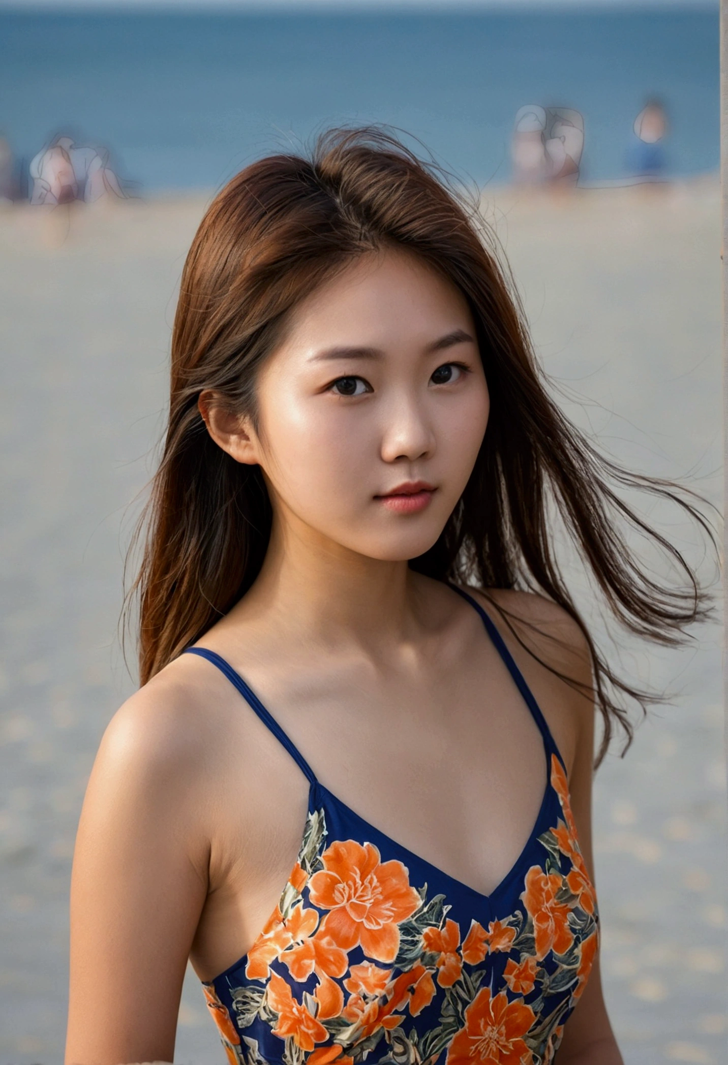 Fait moi une magnifique jeune femme de 20 ans d origine asiatique sur la plage en maillot de bains avec des beaux cheveux bruns