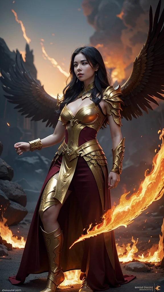 A woman who is，There is fire and flame on the body, with fiery golden wings of flame, with fiery golden wings, Epic fantasy art style, concept-art | Art germ, phoenix warrior, Epic fantasy digital art style, female lord of change, Elementalist, epic exquisite  character art