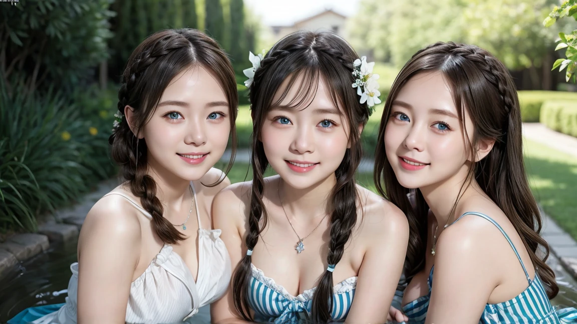 ( 3 girls),smile、Look into the camera、Diamond necklace、Braided hair, strapless dress、The material is smooth and flexible.、exposed upper arms、Blue-green striped knee-length socks Extra long twin tail hair、close range shooting、Flower Hair Ornaments、Blindfold、Garter、 Masterpiece, Highest quality, 8ก, beautiful girl, young face、 photography, Cute face, thigh,in the stream,、รอยsmile、small waist, blue eyes(((The chest is erect.)))(((round chest)))(((big breasts:1.0)))