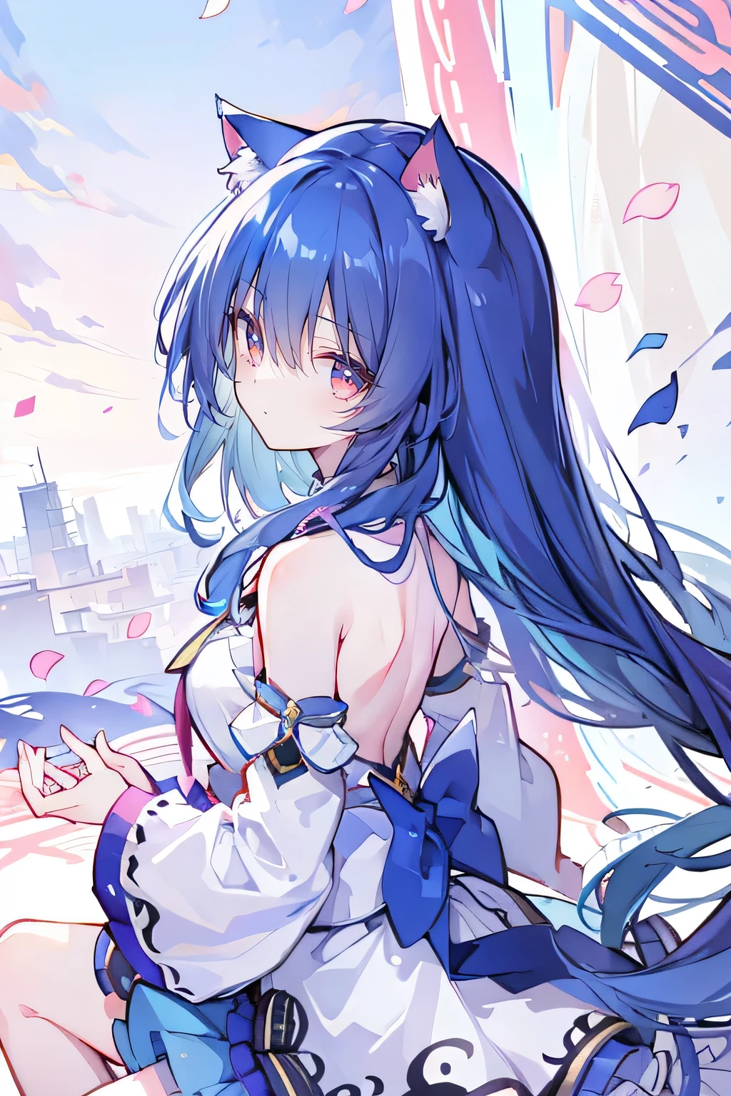 (masterpiece:1.2),Super detailed,lifelike,Expressive eyes,fair skin,perfect face shape,1 girl,
Japanese comics,Gorgeous blue hair,flowing blue hair,flowing clothes,Cat ears,Petals fall,beautiful lola,Baby Angel,
Shaking head with one hand,Cross your legs,,The pavilion is cool and comfortable,smile,back views,sunrise,Petals fall