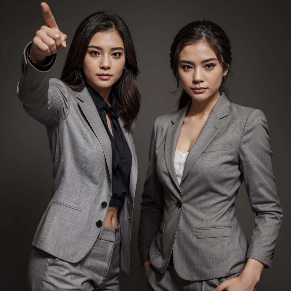 a beautiful woman in a suit pointing right, ความละเอียดสูง, Gray background