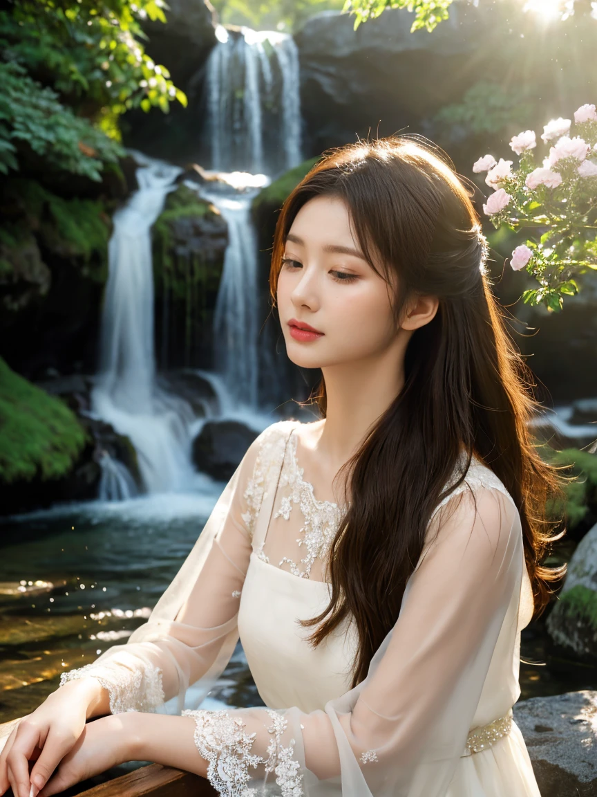 Close-up of a beautiful young woman playing a grand piano, elegant posture, deep concentration, serene joy. She has long, wavy brown hair cascading over her shoulders, catching the golden hour light. Her eyes are closed as she immerses herself in the music. She wears a flowing white dress made of delicate, sheer fabric that softly drapes around her. The dress has intricate lace details on the sleeves and neckline. Soft natural light highlights her features, casting gentle shadows on her face. In the background, a stunning waterfall cascades down a rocky cliff, surrounded by lush greenery and vibrant flowers. The scene is captured in high-resolution with vintage film camera quality, rich textures, and warm tones, emphasizing the harmony between the girl and the natural beauty around her.