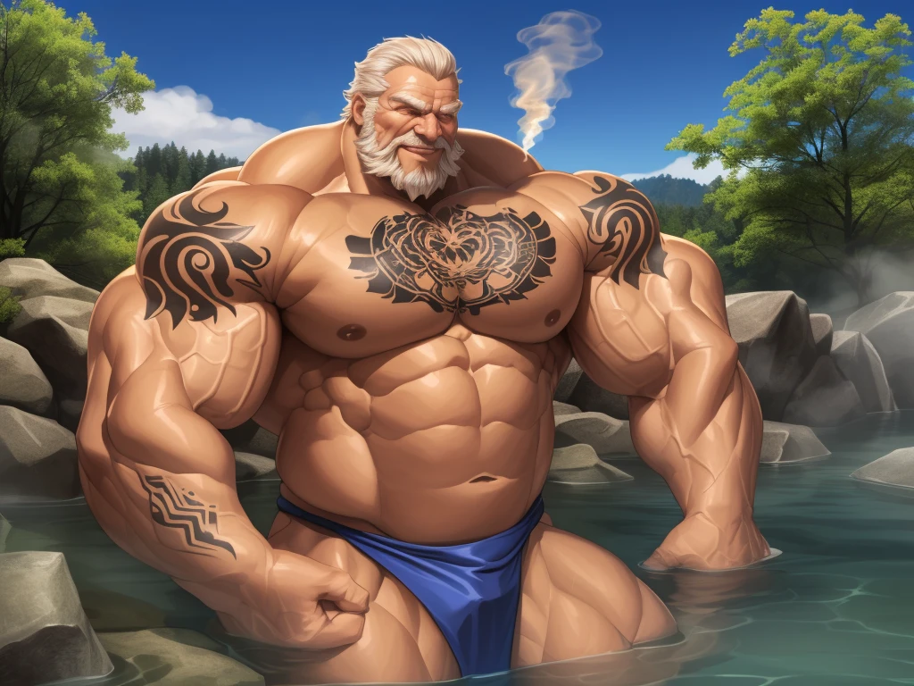 huge muscular old man soaking in an open onsen, white and short hair, white beard, old, old man, grandpa, half submerged, huge scar on chest, , (huge muscular), (yakuza tattoo:1.2), detailed muscles, 8k, masterpiece:1.2, hyperrealistic, white fundoshi:1.2, highly detailed full body, ((really big muscle, massive muscular, sixpack, thick arms, wide pectoral, super huge muscle, small head, huge shoulder, hyper muscular, submerged, floating steam, over sized muscle, huge arms, big arms, huge pectoral)), rich colors, serene atmosphere, hot spring, landscape, soft ambient lighting, wrinkled skin, happy expression, reflective water, peaceful relaxation