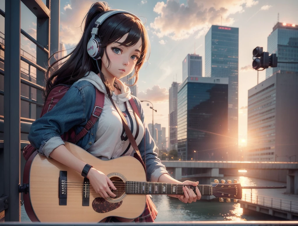 A high school anime girl wearing one headphone stands on a bustling city bridge against the backdrop of a vivid sunset. She carries an acoustic guitar on her back and walks nonchalantly. The warm light of the sunset casts a soft light on her face, accentuating her delicate features.