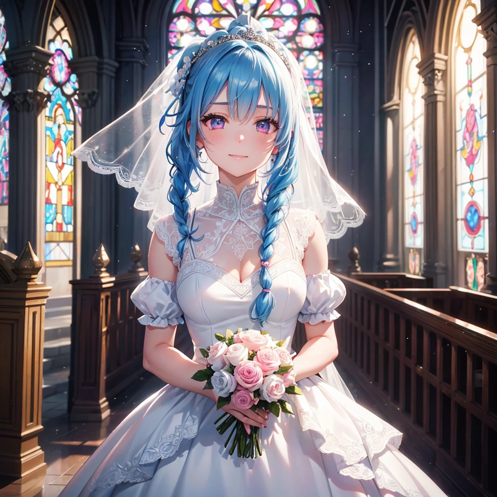 Sky blue hair, (Braided Ponytail),(Pink Eyes),Fair skin ,(whole body),(One Girl),bride,Big smile,Straight bangs, 6月のbride,Wedding dress,(masterpiece, Highest quality, Very detailed, Best Shadow), (Detailed Background), (Beautifully detailed face), High Contrast, (Best lighting, Very delicate and beautiful), ((Cinematic Light)), colorful, Hyper Detail 8k, Dramatic Light, Intricate details,Pure white sparkling background,A bouquet of roses in the right hand,Ring on left ring finger,church、Stained glass、Sacred Light、