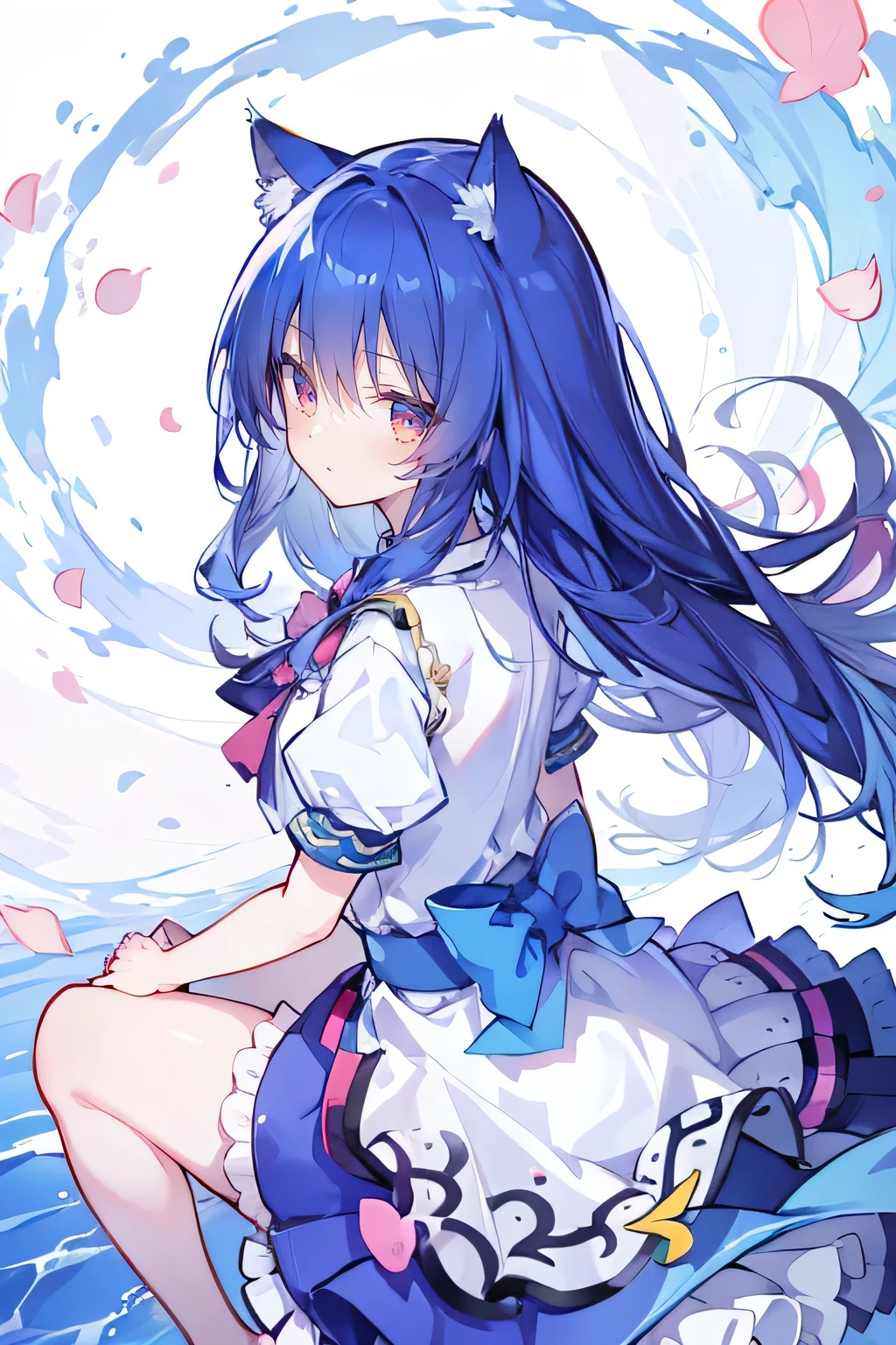 (masterpiece:1.2),Super detailed,lifelike,Expressive eyes,fair skin,perfect face shape,1 girl,
Japanese comics,Gorgeous blue hair,flowing blue hair,flowing clothes,Cat ears,Petals fall,beautiful lola,Baby Angel,
Shaking head with one hand,Cross your legs,,The pavilion is cool and comfortable,smile,back views,sunrise,Petals fall